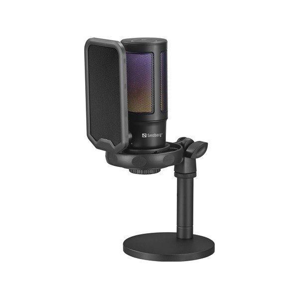 Sandberg Mikrofon - Streamer USB Microphone RGB (USB-C; Cardioid; RGB, 3,5 mm
Jack fejhallgató kimenet, fekete)