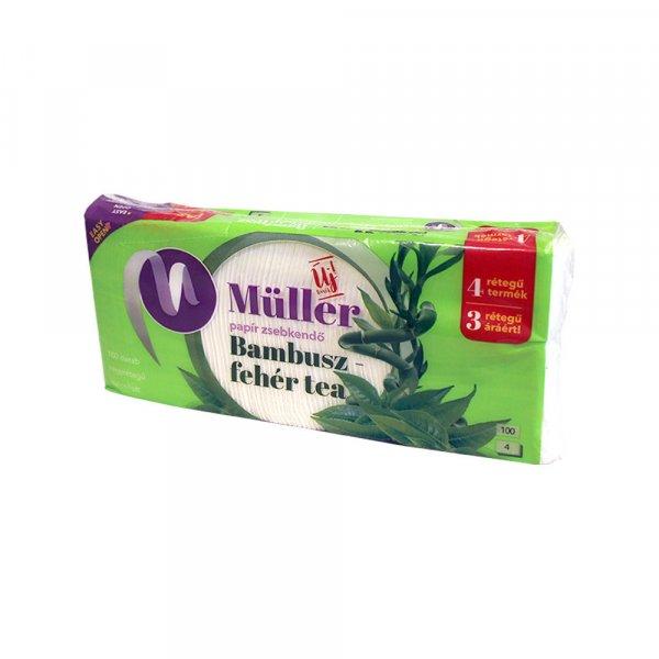 Papírzsebkendő 4 rétegű 100 db/csomag Bambusz-fehér tea illatú Müller 2
db/csomag