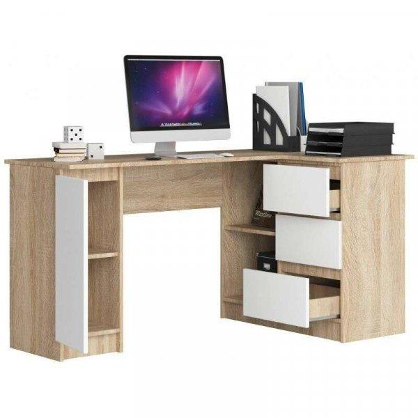 Sarok számítógépes asztal, laminált lap, 3 fiók, 4 polc, tölgy és
fehér, 155x85x77 cm