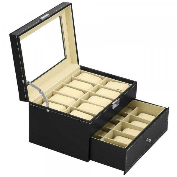 Óra tároló és rendszerező doboz, Farostlemez, öko-bőr, 28x20x16,5cm,
krémszínű belső fekete