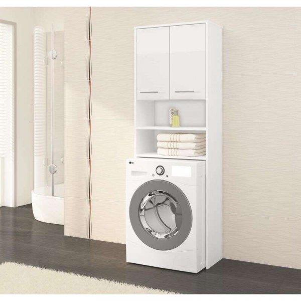 Fürdőszoba szekrény mosógép számára, laminált lap, 4 polc, 2 ajtó,
fényes fehér, 64x30x180 cm