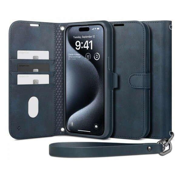 Apple iPhone 15 Pro Max, Oldalra nyíló tok, stand, kártyatartóval,
kézpánttal, Spigen Wallett S Pro, sötétkék
