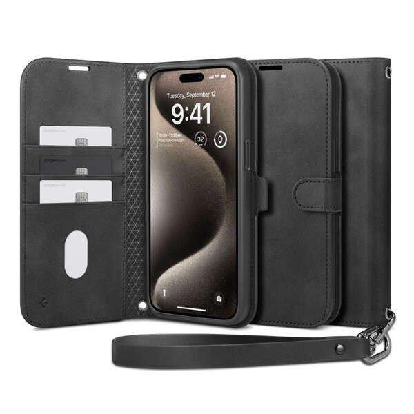 Apple iPhone 15 Pro, Oldalra nyíló tok, stand, kártyatartóval, kézpánttal,
Spigen Wallett S Pro, fekete