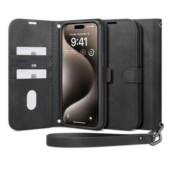 Apple iPhone 15 Pro Max, Oldalra nyíló tok, stand, kártyatartóval,
kézpánttal, Spigen Wallett S Pro, fekete