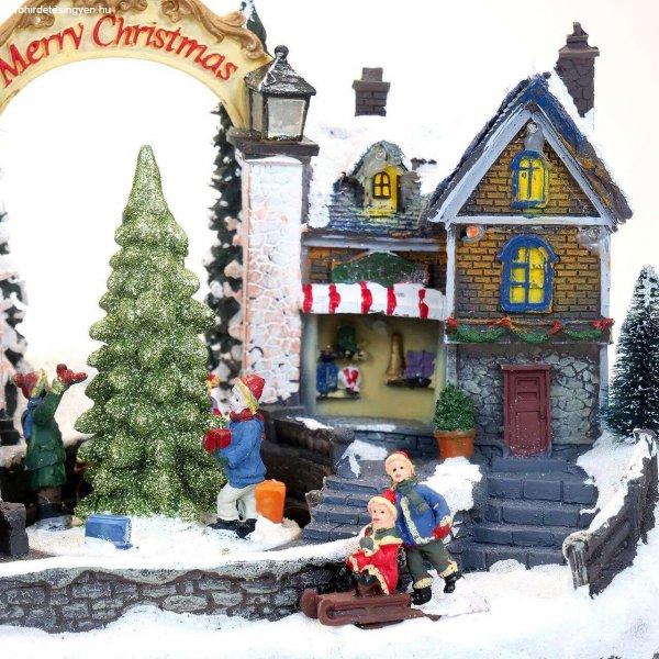 Zenés karácsonyi dekoráció, polirezin, Mikulásfalu, LED, 3xAA, 33x18x20 cm