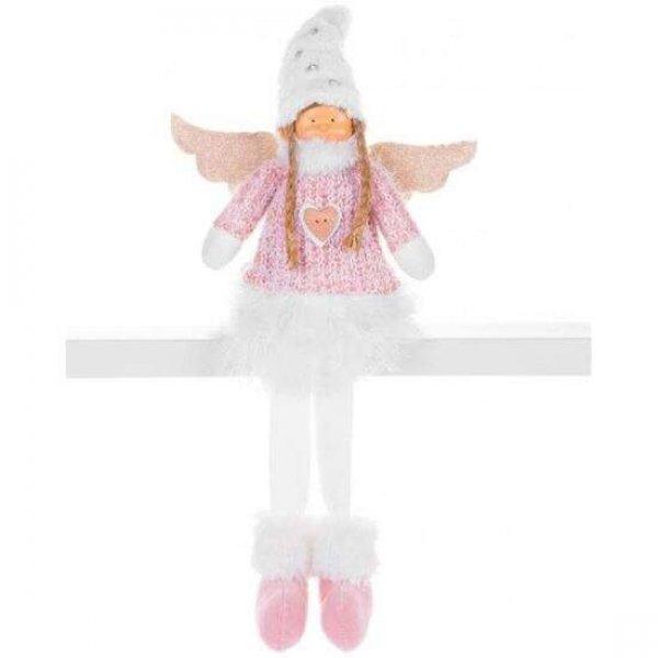 Téli dekoráció, angyal szárnyas fehér szoknyával, rózsaszín, 23x12x59 cm