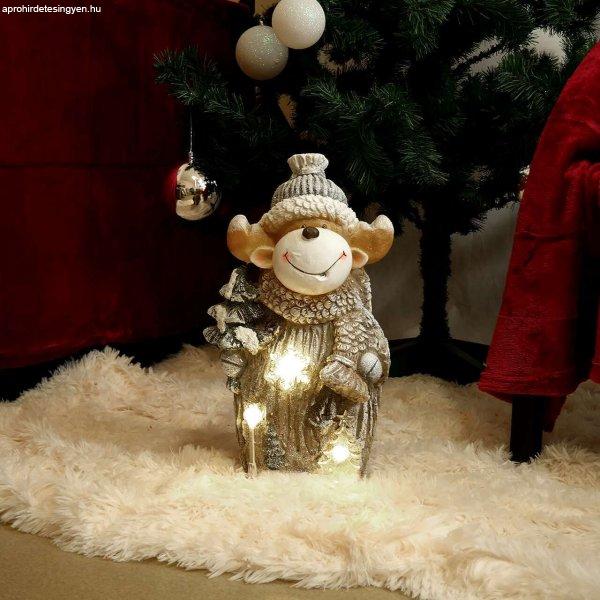 Karácsonyi dekoráció, kerámia, rénszarvas fenyővel, LED, szürke-fehér,
3xAAA, 24,5x18x41,5 cm, Chomik
