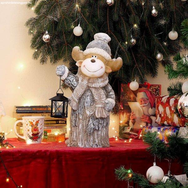 Karácsonyi dekoráció, kerámia, rénszarvas lámpással, gyertyatartó,
szürke és barna, 27x17x45 cm, Chomik