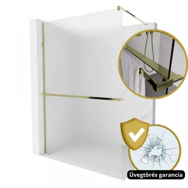 HD Arlo+ Matt Gold Walk-In zuhanyfal, 100x200 cm, 8 mm vastag vízlepergető
biztonsági matt üveggel, 200 cm magas, arany profillal és távtartóval