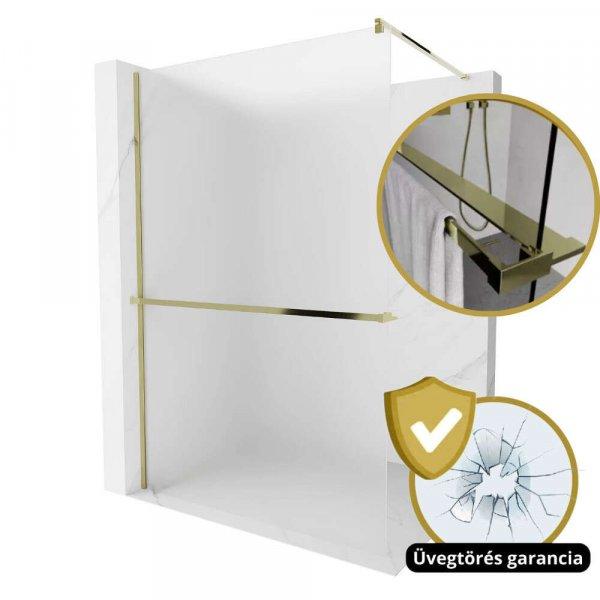 HD Arlo+ Matt Gold Walk-In zuhanyfal, 110x200 cm, 8 mm vastag vízlepergető
biztonsági matt üveggel, 200 cm magas, arany profillal és távtartóval