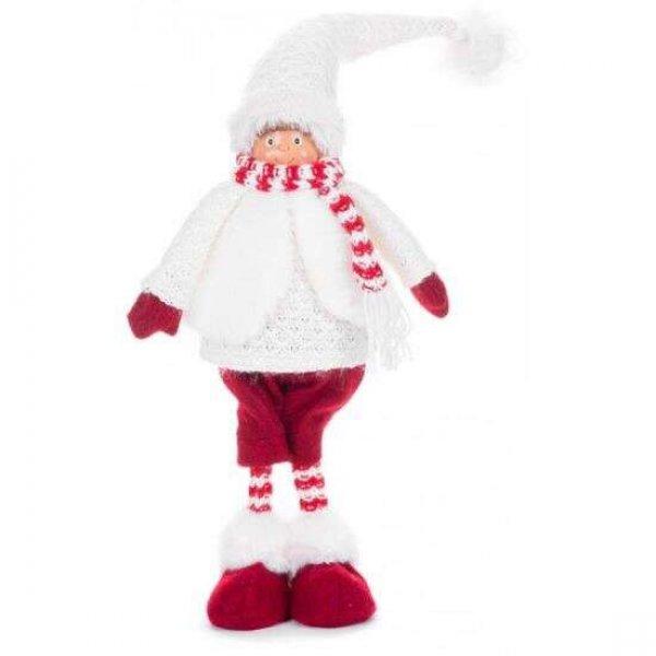 Téli dekoráció, fiú kalappal és sállal, piros és fehér, 22x13x57 cm