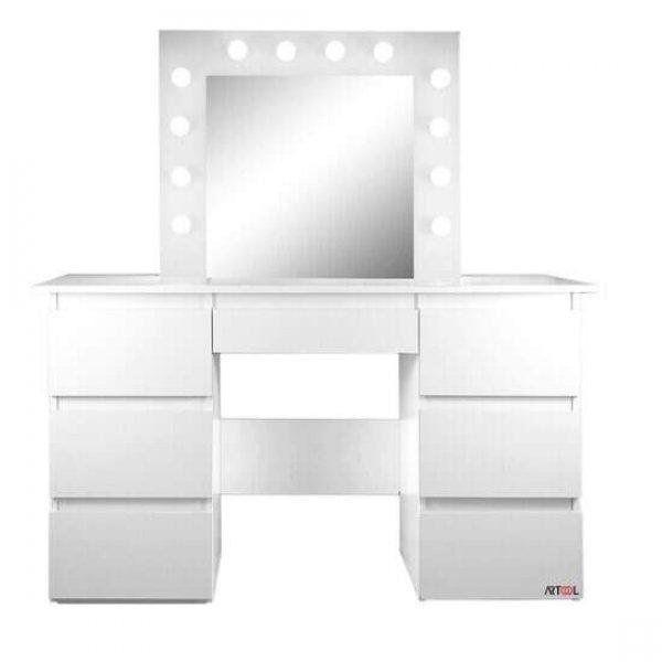 Fésülködőasztal/smink, fehér, tükörrel és LED-ekkel, Vanessa, 130x43x143
cm