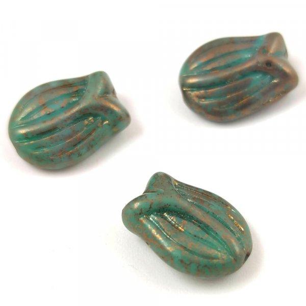 Cseh üveg gyöngy - hosszában fúrt tulipán alakú - Turquoise Green Bronze-
16x11mm