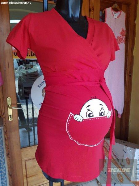 Mommy Style kukucskálós kismama átlapolós felső,rövid ujjú/piros,kötős