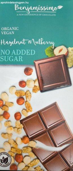 Benjamissimio bio vegán csokoládé mogyorós tahinivel, mogyoróval és fehér
eperrel hozzáadott cukor nélkül 70 g