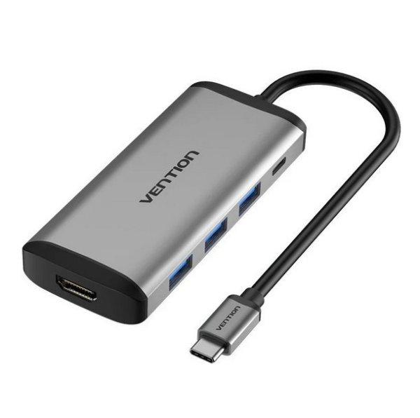 Vention USB-C -> HDMI/3*USB3.0/RJ45/PD, ( 6-1,szürke), 0,15m, konverter