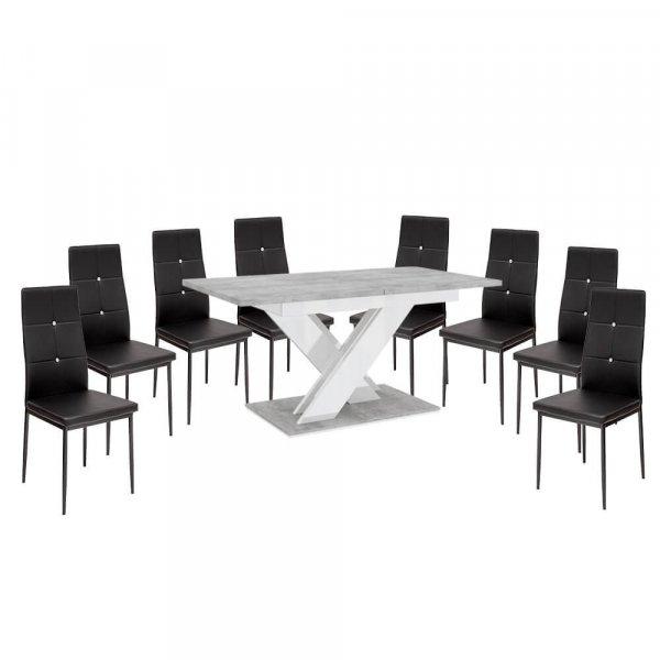 Maasix SWTG Magasfényű Fehér - Beton 8 személyes étkezőszett Fekete Elvira
székekkel