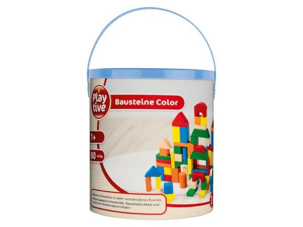 PlayTive Multicoloured Buliding Blocks 80 darabos színes fa építőkocka,
fakocka készlet praktikus tároló vödörben