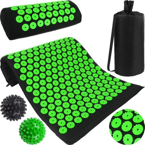 Multifunkciós akupresszúrás készlet matraccal,
nyakpárnával, és tüskés labdákkal praktikus
tárolózsákban - zöld (BB-22158)