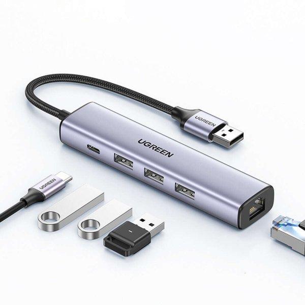 Ugreen CM475 HUB adapter, USB / 3 x USB + RJ-45 + Type-C ( PD), 15cm - , Szürke