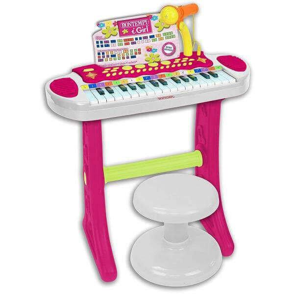 Bontempi Girl elektromos szintetizátor lábakkal és székkel + mikrofon -
fehér/rózsaszín