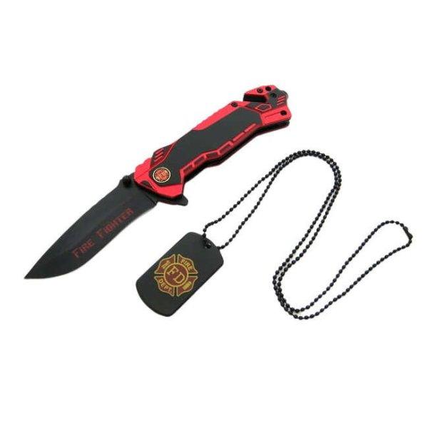 IdeallStore® vadászkés, Tűzoltó mentőkés, 23 cm, rozsdamentes acél,
piros, fedél mellékelve