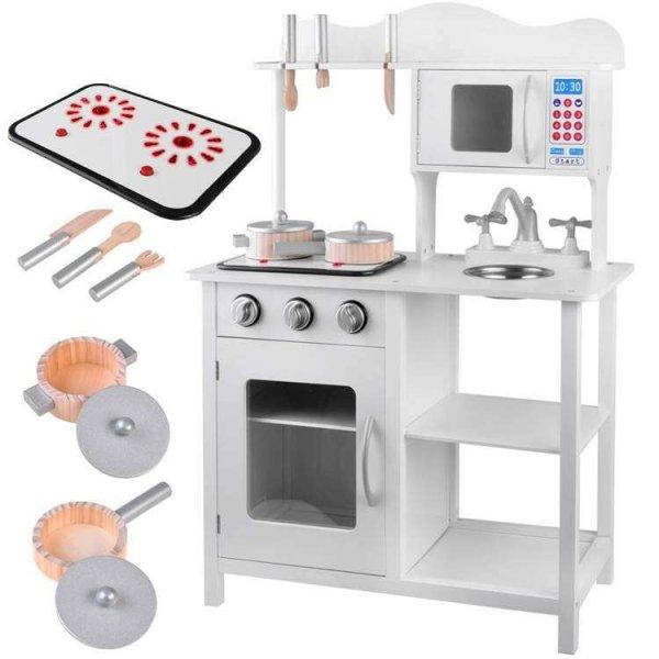 Fehér fa konyha indukciós főzőlappal, mosogatóval, mikróval, edényekkel
és evőeszközökkel hang- és fényeffektusokkal
