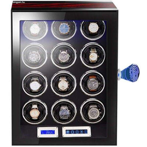 Automata óratekercselő doboz iUni nyomattal, Luxury Watch Winder 12,
mahagóni-fekete