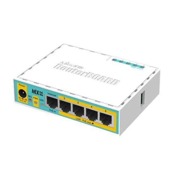 LAN/WIFI MikroTik hEX PoE lite 5x 10/100Mbit LAN porttal, 4xPoE ki, USB