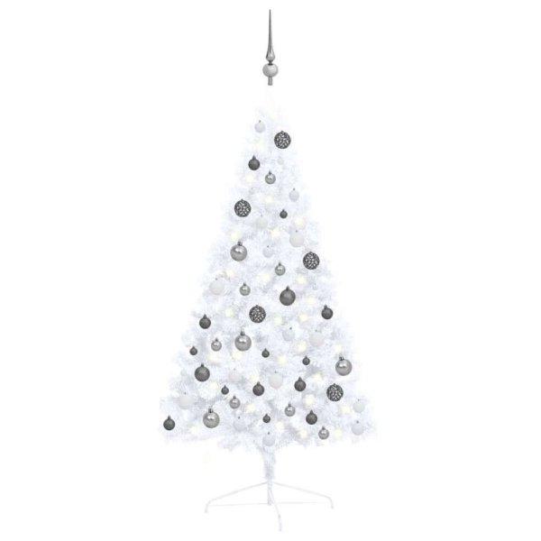 Fehér fél műkarácsonyfa LED-ekkel és gömbszettel 120 cm