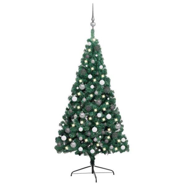 Zöld fél műkarácsonyfa LED fényekkel és gömbszettel 240 cm