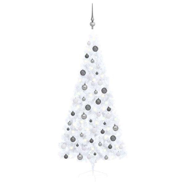 Fehér fél műkarácsonyfa LED-ekkel és gömbszettel 180 cm