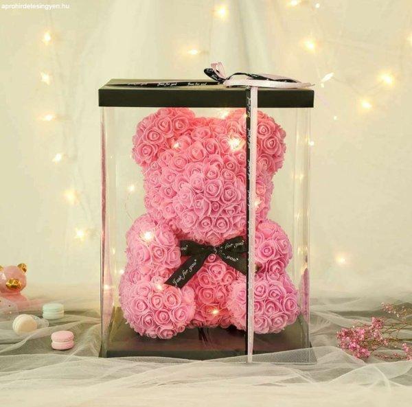 Örök rózsa virág maci díszdobozban -  rózsaszín + LED világítás - NAGY
40 cm