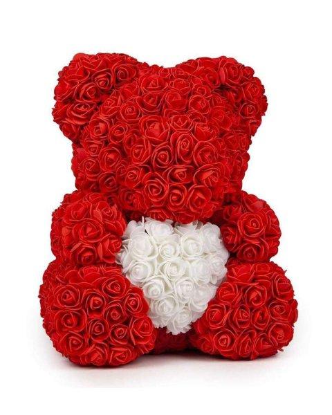 Örök rózsa virág maci díszdobozban - piros + fehér szív - NAGY 40 cm