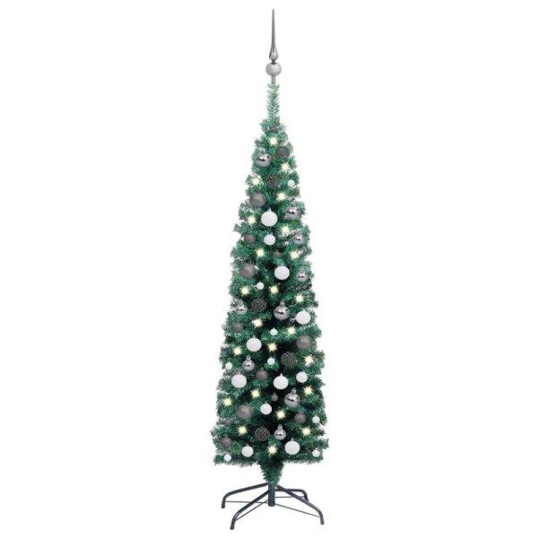 Zöld vékony műkarácsonyfa LED-ekkel és gömbszettel 150 cm
