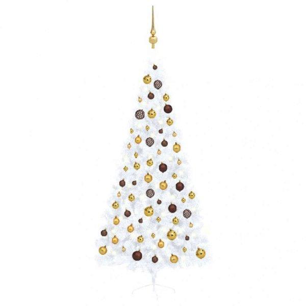 Fehér fél műkarácsonyfa LED-ekkel és gömbszettel 210 cm