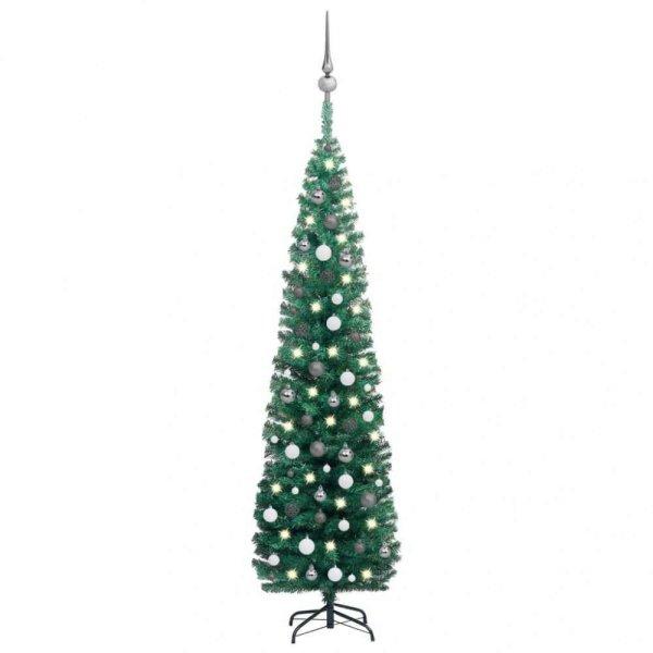Zöld vékony műkarácsonyfa LED-ekkel és gömbszettel 210 cm