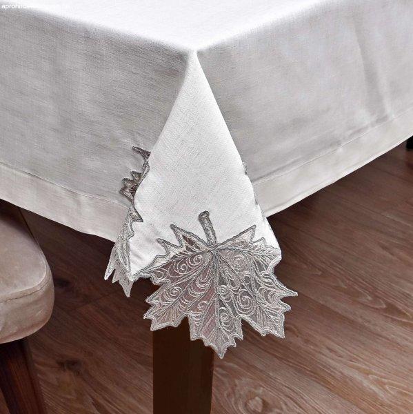 Cinar Eko asztalterítő, tört fehér vászon, nagy ezüst csipkével 160x220