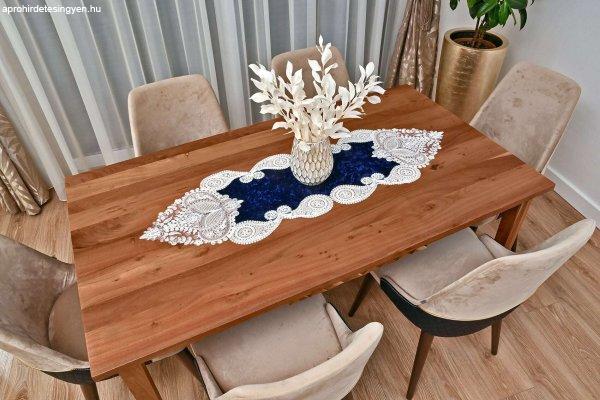Salkim bársony asztali futó kék színű, fehér csipkével 40x125 cm