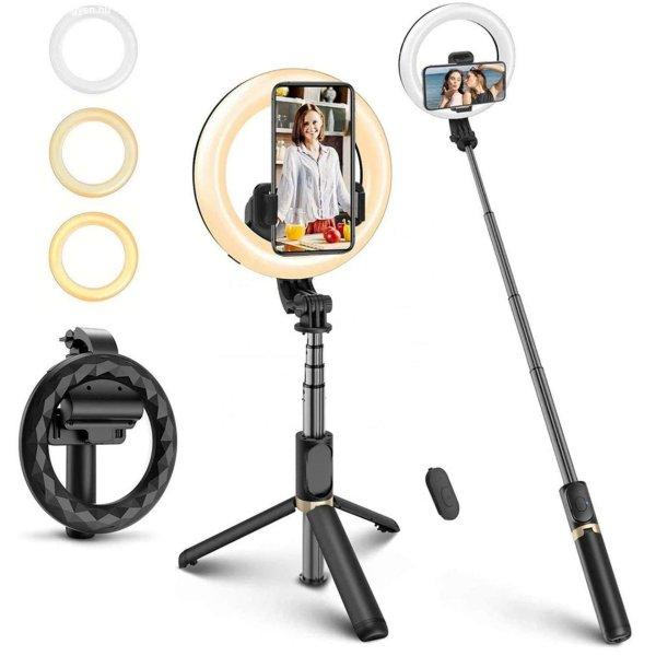 Techsuit - Selfie Stick (Q07) - Stabil állvány szelfi gyűrűfénnyel,
Bluetooth távirányítóval, 80 cm - Fekete (KF2313358)