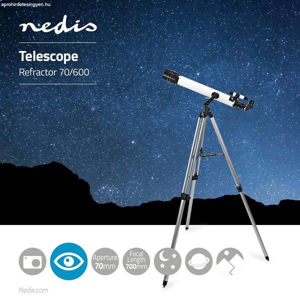 Nedis SCTE7070WT csillagászati Távcső Apertúra: 70 mm | Gyújtótávolság:
700 mm | Finderscope: 5 x 24 | Maximális munka magasság: 125 cm | Tripod |
Fehér / Fekete