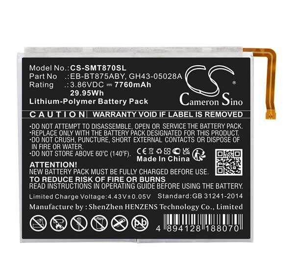 CAMERON SINO Li-Polymer akku (3,86V / 7760mAh, Samsung EB-BT875ABY kompatibilis)
FEKETE Samsung Galaxy Tab S7 WIFI (SM-T870), Samsung Galaxy Tab S7 LTE
(SM-T875), Samsung Galaxy Tab S7 LTE 5G (SM-T876