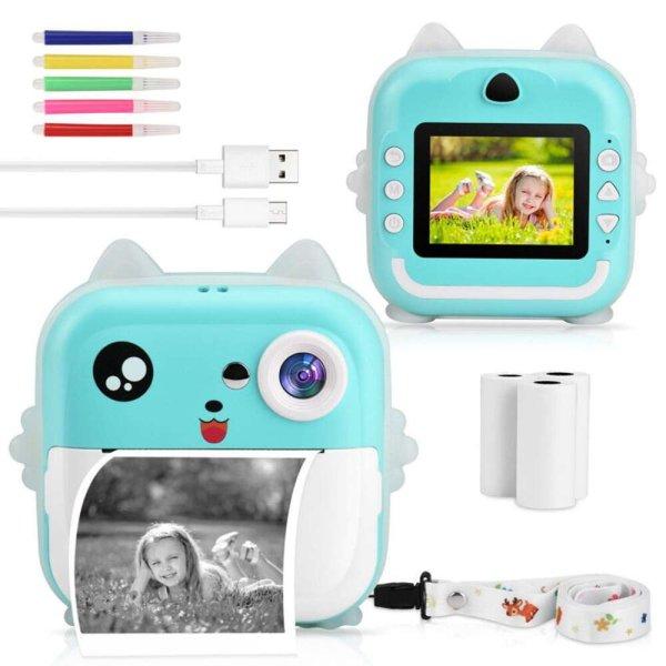 Nyomtatós gyermek fényképezőgép - játék kamera ajándék filctollakkal,
cica mintával és beépített játékokkal (BBJ)