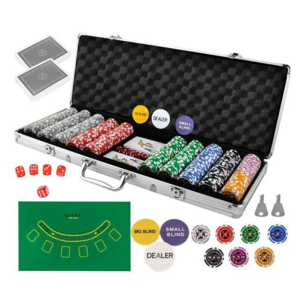 Póker készlet alumínium kofferben, 500 zsetonnal, 2 pakli kártyával,
további kiegészítőkkel