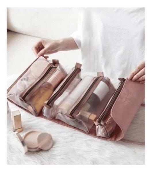 Összehajtható utazó kozmetikai táska 4 rekesszel - 3
kivehető résszel, feltekerhető, pink (BBI-4107)