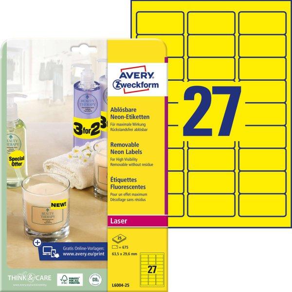 Avery-Zweckform L6004-25 63,5x29,6mm 3 pályás lézer etikett visszaszedhető
kerekített sarkú neon sárga 27 címke/ív 25ív/csomag