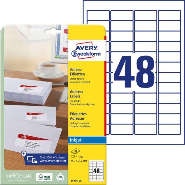 Avery-Zweckform J4791-25 45,7x21,2mm 4 pályás tintasugaras etikett kerekített
sarkú 48 címke/ív 25ív/csomag