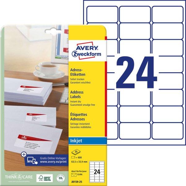 Avery-Zweckform J8159-25 63,5x33,9mm 3 pályás tintasugaras etikett kerekített
sarkú 24 címke/ív 25ív/csomag
