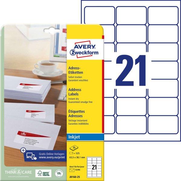Avery-Zweckform J8160-25 63,5x38,1mm 3 pályás tintasugaras etikett kerekített
sarkú 21 címke/ív 25ív/csomag