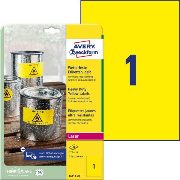Avery-Zweckform L6111-20 210x297mm 1 pályás lézer sárga poliészter etikett
20 címke/ív 20ív/csomag